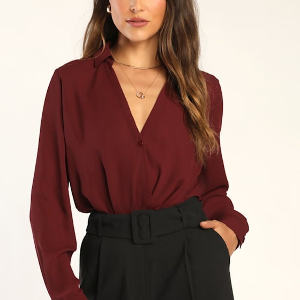 Lulus Perfectly Modern Burgundy Long Sleeve Surplice Top Red - Size S